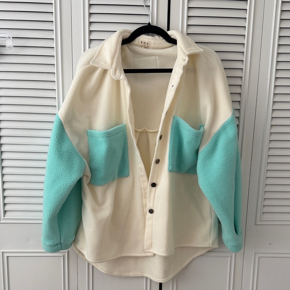 Cream and Teal Button-Up Fleece Jacket